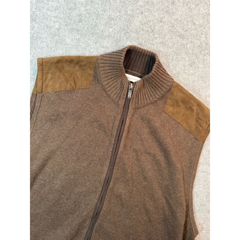 Alex Cannon Mens Brown Cotton Full Zip Sweater Vest Quilted Shoulder Patches XL